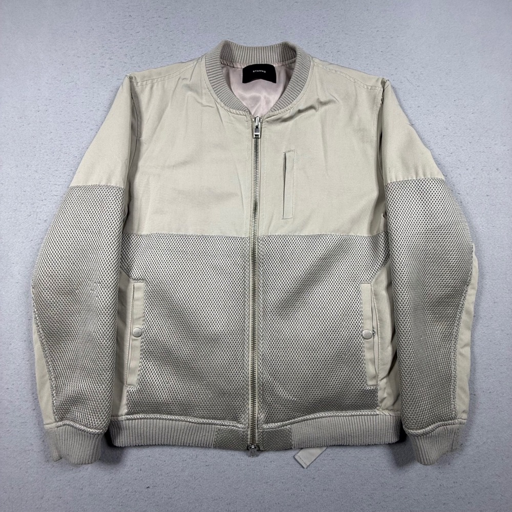STAMPD Mens Tan Grey Mesh Panel Zip Up Bomber Jacket Streetwear Utility